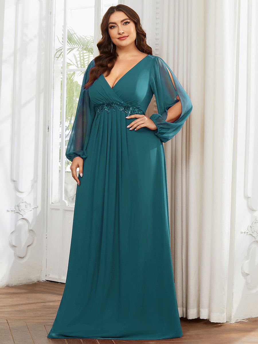 Lantern Long Slit Sleeve Deep V Applique Maxi Evening Dress #color_Teal