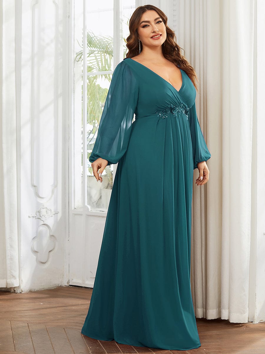 Custom Size Lantern Long Slit Sleeve Deep V Applique Maxi Evening Dress #color_Teal