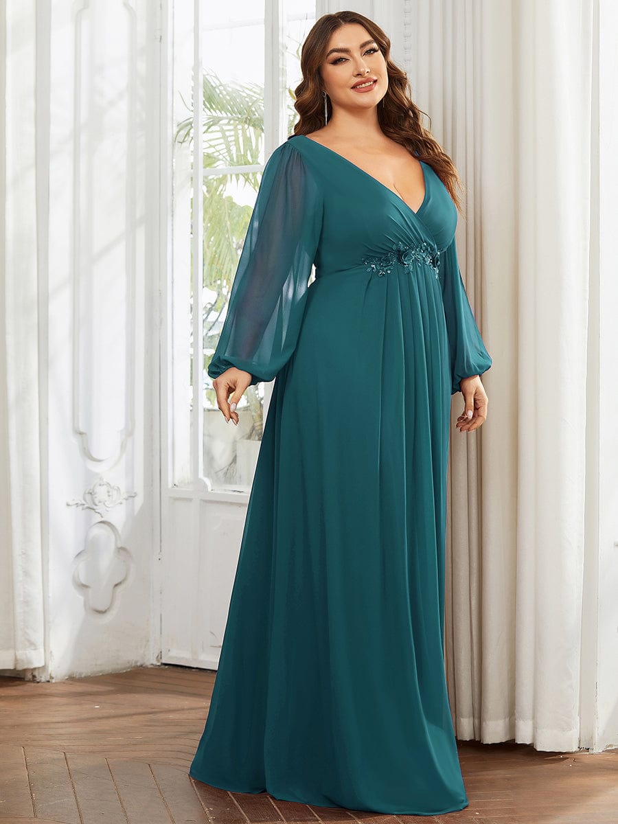 Lantern Long Slit Sleeve Deep V Applique Maxi Evening Dress #color_Teal