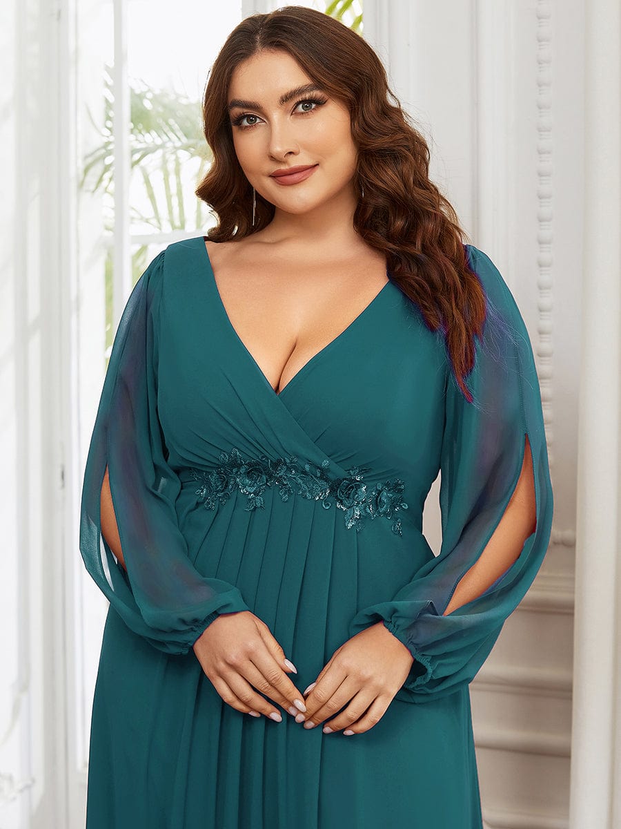 Lantern Long Slit Sleeve Deep V Applique Maxi Evening Dress #color_Teal