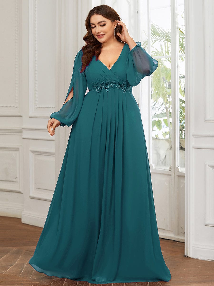 Lantern Long Slit Sleeve Deep V Applique Maxi Evening Dress #color_Teal