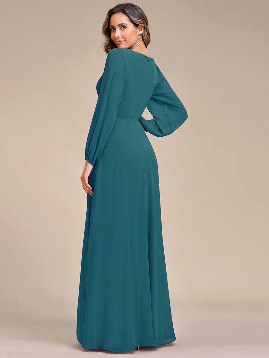 Lantern Long Slit Sleeve Deep V Applique Maxi Evening Dress #color_Teal