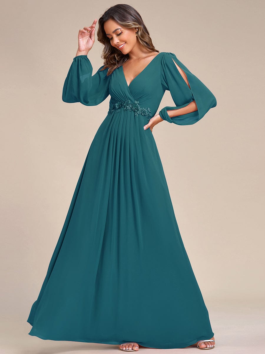 Custom Size Lantern Long Slit Sleeve Deep V Applique Maxi Evening Dress #color_Teal