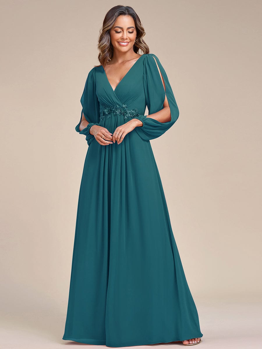 Custom Size Lantern Long Slit Sleeve Deep V Applique Maxi Evening Dress #color_Teal