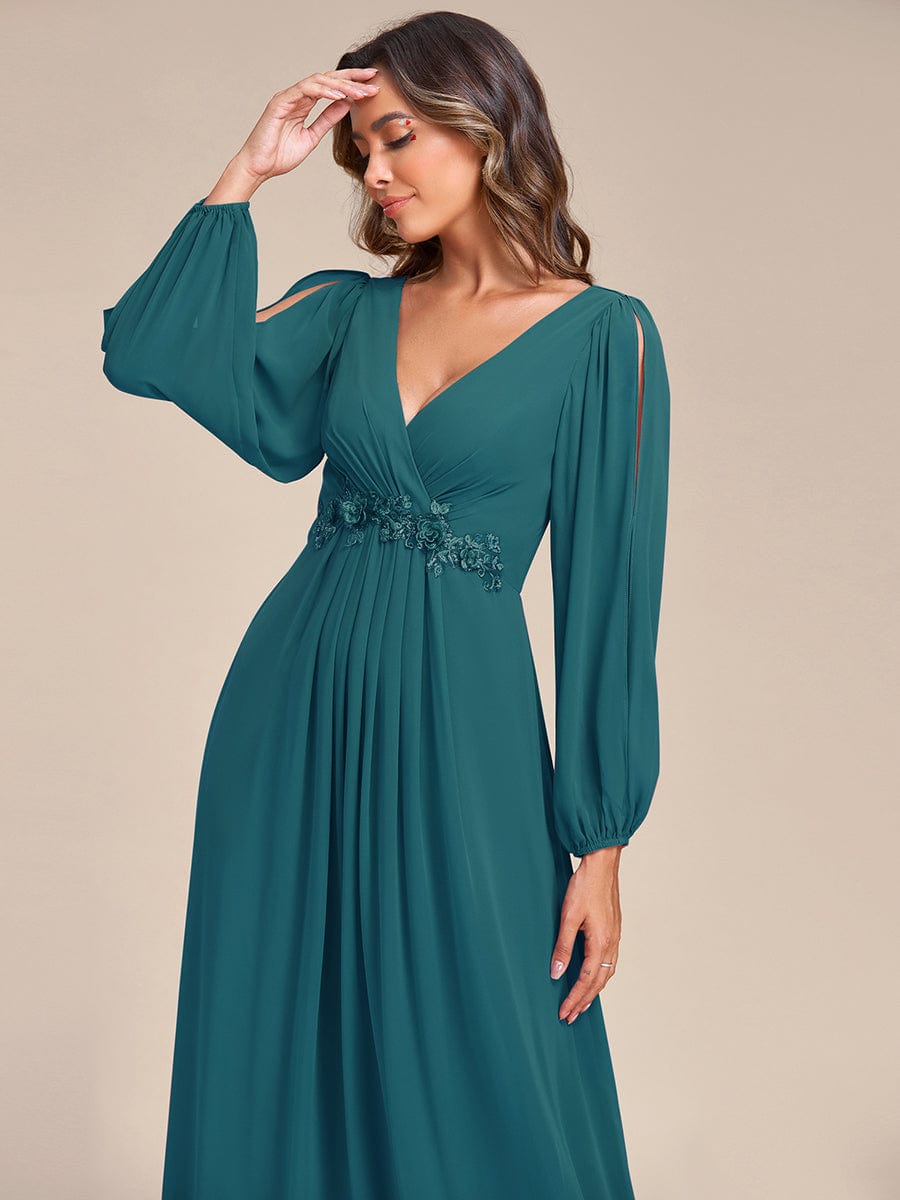 Custom Size Lantern Long Slit Sleeve Deep V Applique Maxi Evening Dress #color_Teal