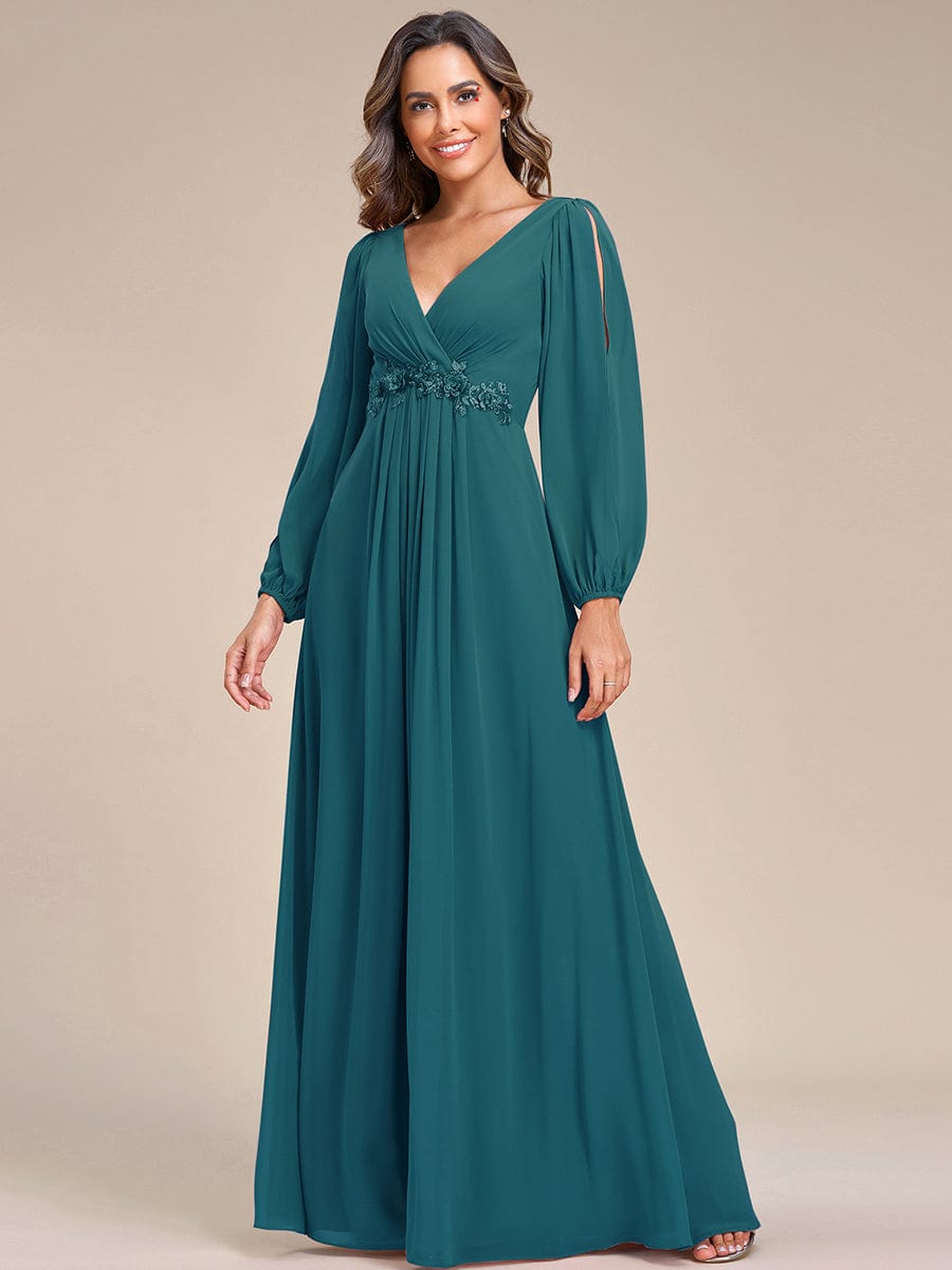 Lantern Long Slit Sleeve Deep V Applique Maxi Evening Dress #color_Teal