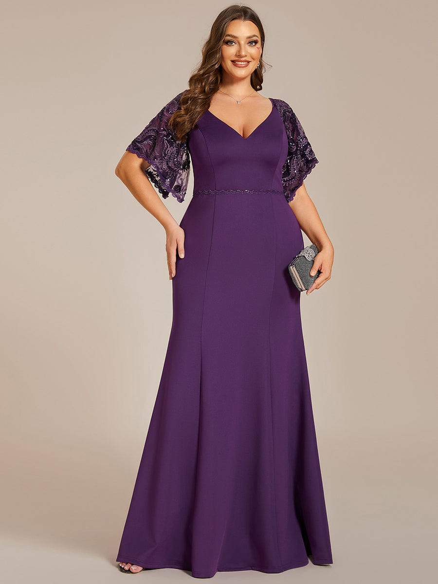 Custom Size Sexy Maxi V Neck Bodycon Party Dress with Flare Sleeves #color_Dark Purple