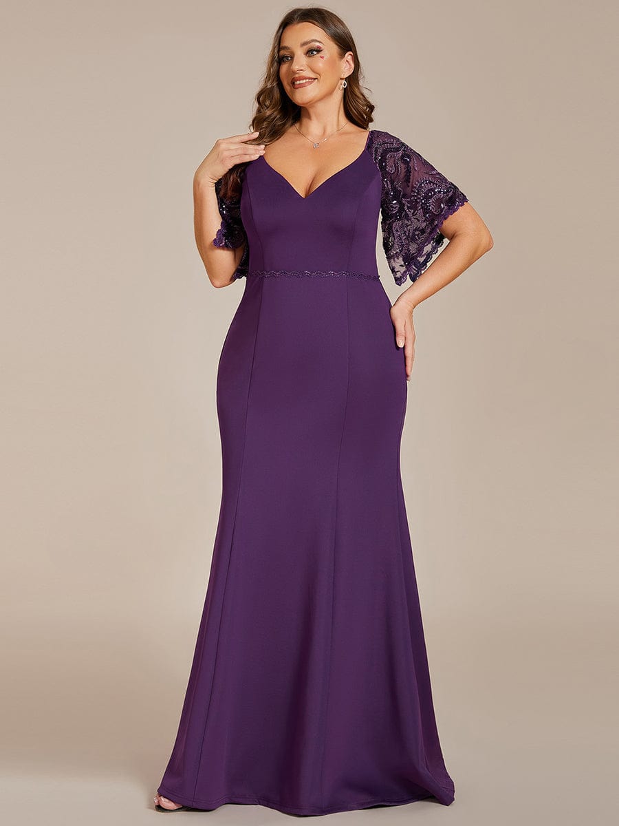 Custom Size Sexy Maxi V Neck Bodycon Party Dress with Flare Sleeves #color_Dark Purple