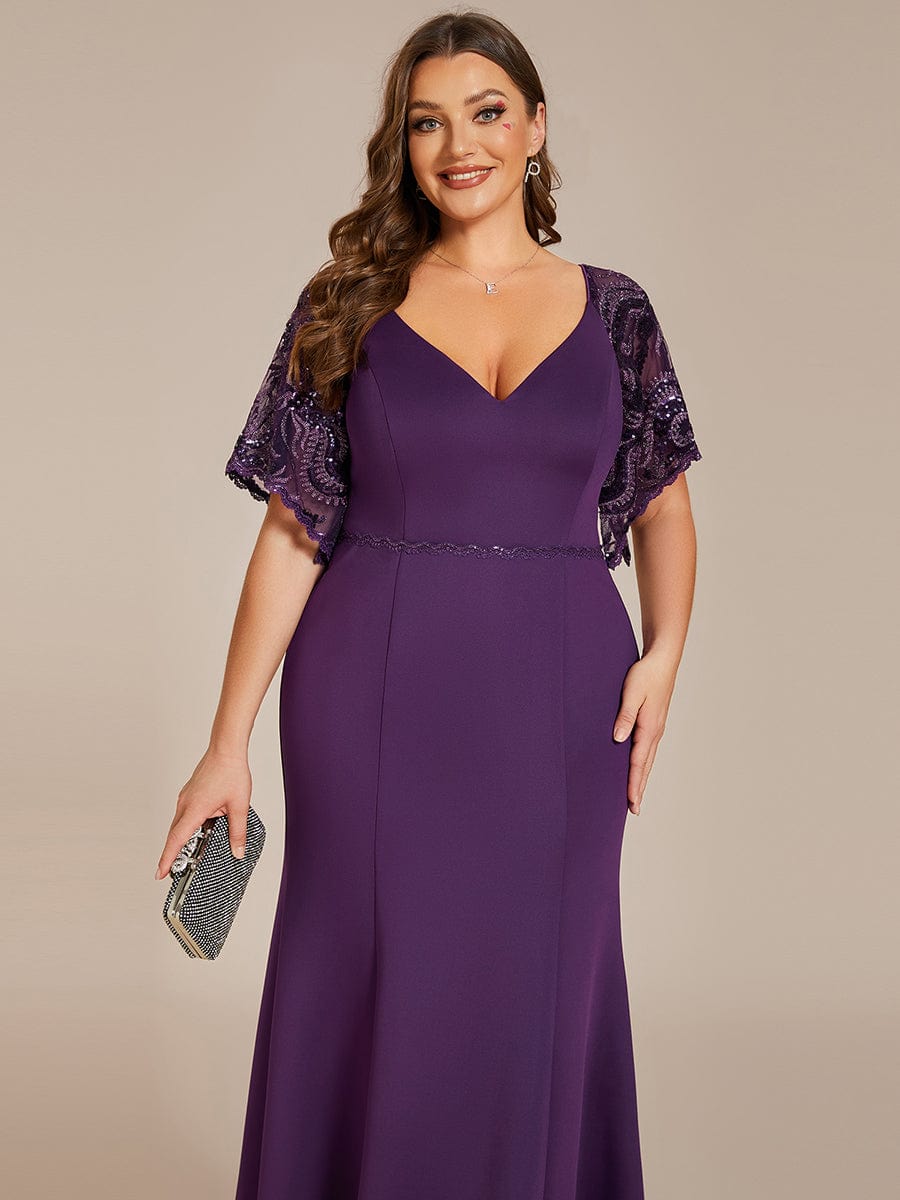 Custom Size Sexy Maxi V Neck Bodycon Party Dress with Flare Sleeves #color_Dark Purple