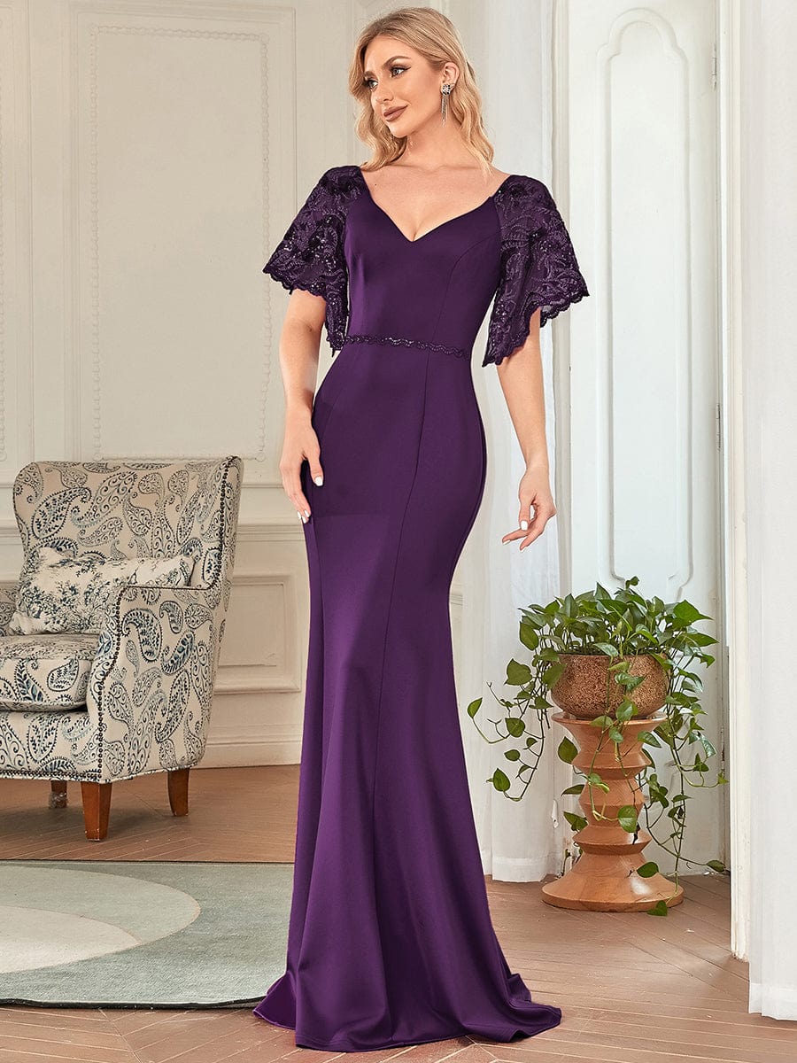 Custom Size Sexy Maxi V Neck Bodycon Party Dress with Flare Sleeves #color_Dark Purple