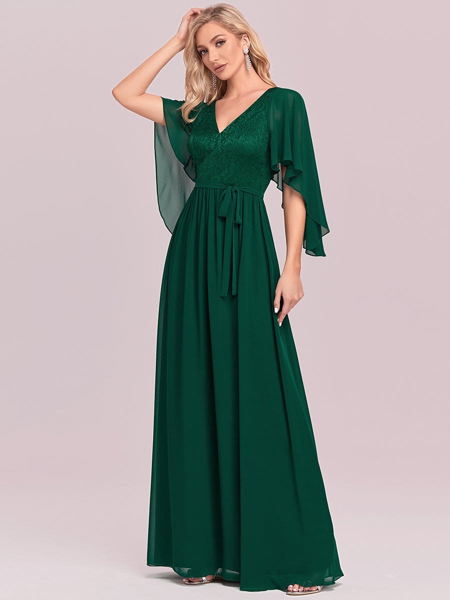 Elegant Deep V Neck Chiffon Maxi Dress in Dark Green #color_Dark Green