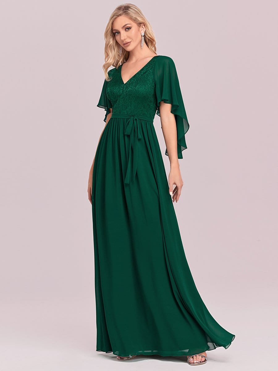 Elegant Deep V Neck Chiffon Maxi Dress in Dark Green #color_Dark Green