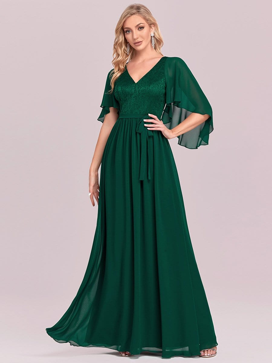 Elegant Deep V Neck Chiffon Maxi Dress in Dark Green #color_Dark Green