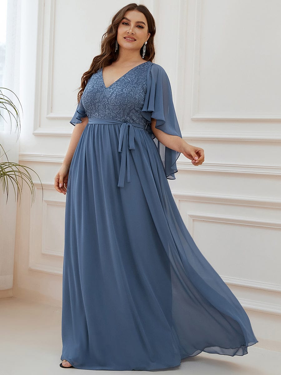 Custom Size Elegant Deep V Neck Chiffon Maxi Evening Dress #color_Dusty Navy