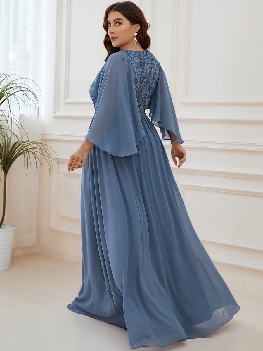 Custom Size Elegant Deep V Neck Chiffon Maxi Evening Dress #color_Dusty Navy