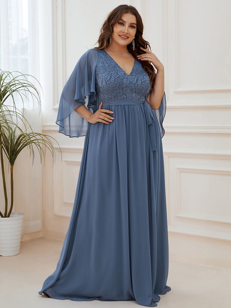 Custom Size Elegant Deep V Neck Chiffon Maxi Evening Dress #color_Dusty Navy