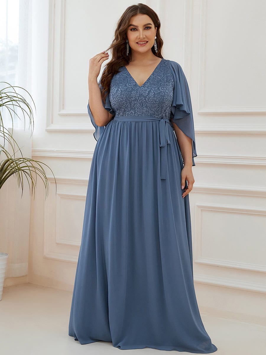 Custom Size Elegant Deep V Neck Chiffon Maxi Evening Dress #color_Dusty Navy