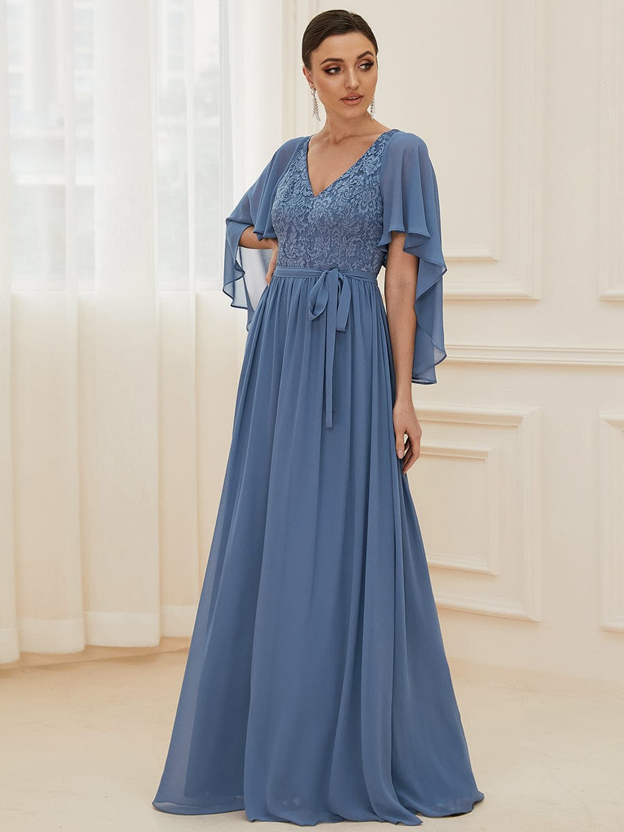 Custom Size Elegant Deep V Neck Chiffon Maxi Evening Dress #color_Dusty Navy