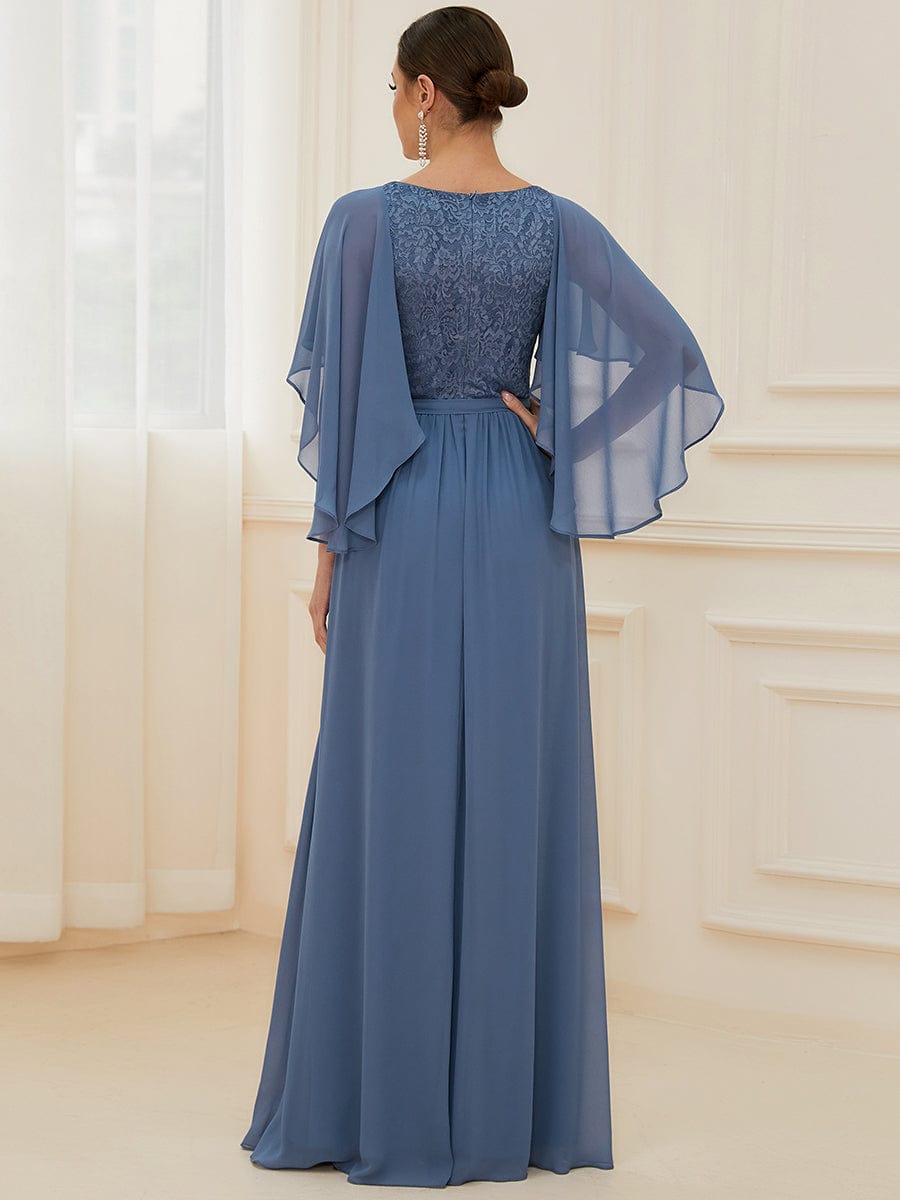 Custom Size Elegant Deep V Neck Chiffon Maxi Evening Dress #color_Dusty Navy