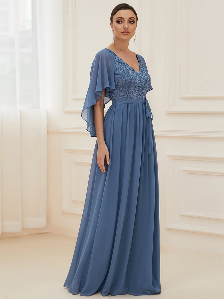 Custom Size Elegant Deep V Neck Chiffon Maxi Evening Dress #color_Dusty Navy