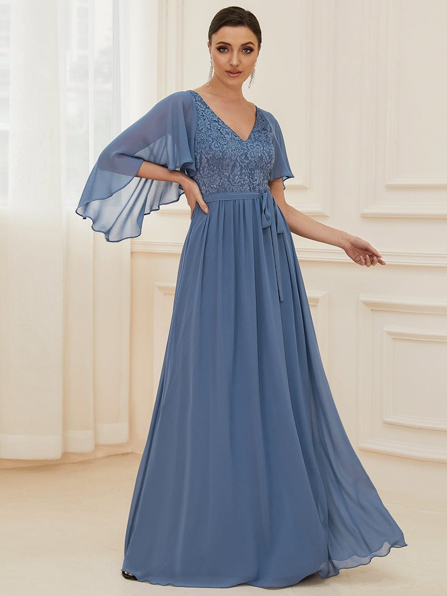 Custom Size Elegant Deep V Neck Chiffon Maxi Evening Dress #color_Dusty Navy