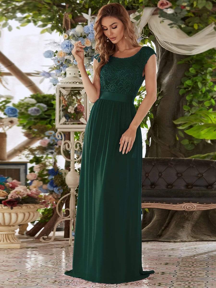 Round Neck Lace Bodice Dress in Dark Green #color_Dark Green