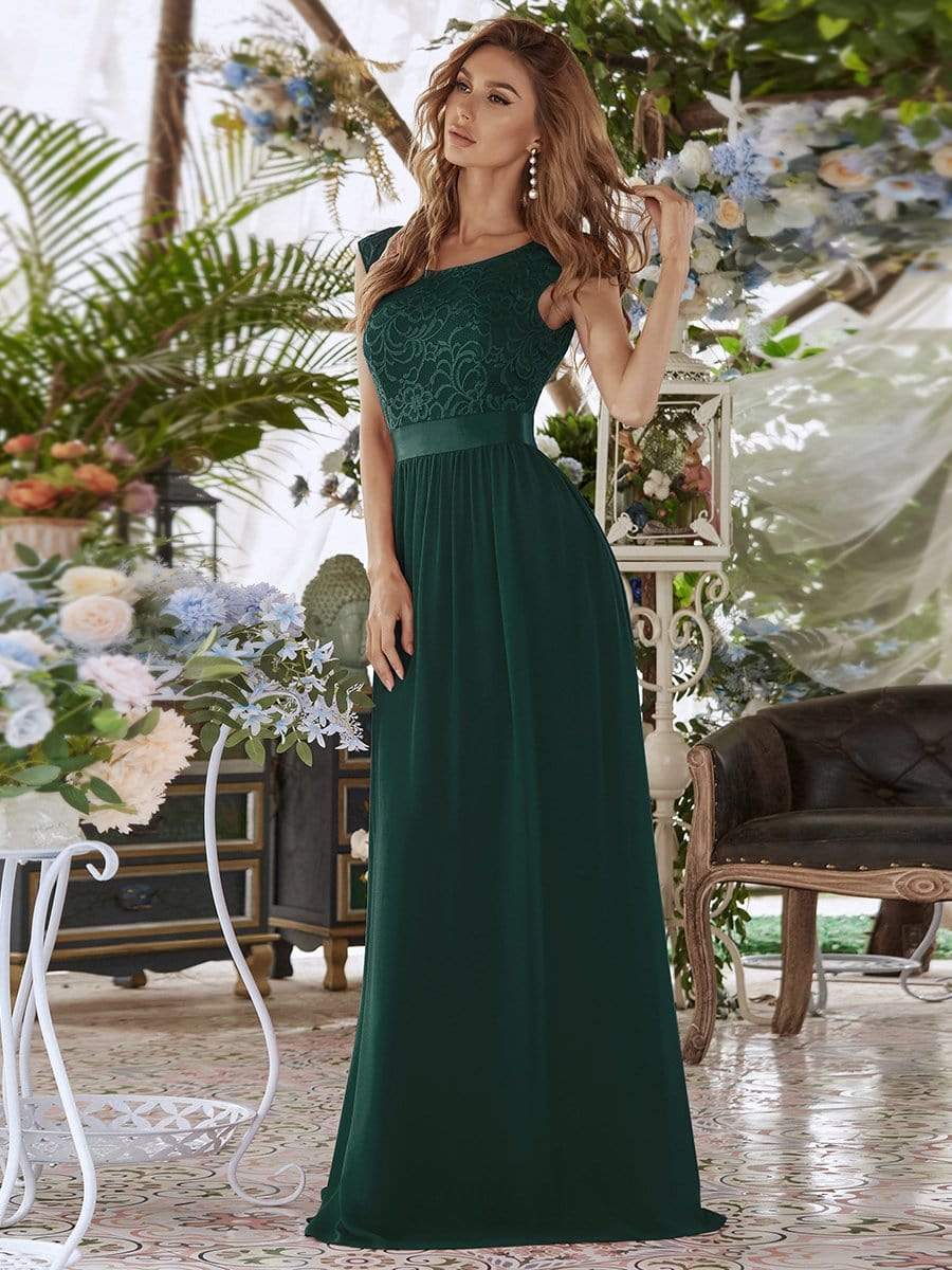 Round Neck Lace Bodice Dress in Dark Green #color_Dark Green