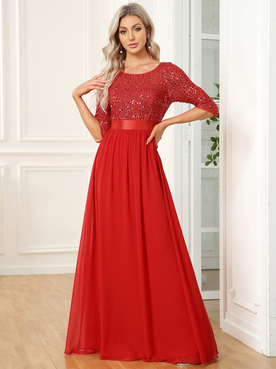 Custom Size Elegant Round Neckline 3/5 Sleeve Sequins Patchwork Evening Dress #color_Red