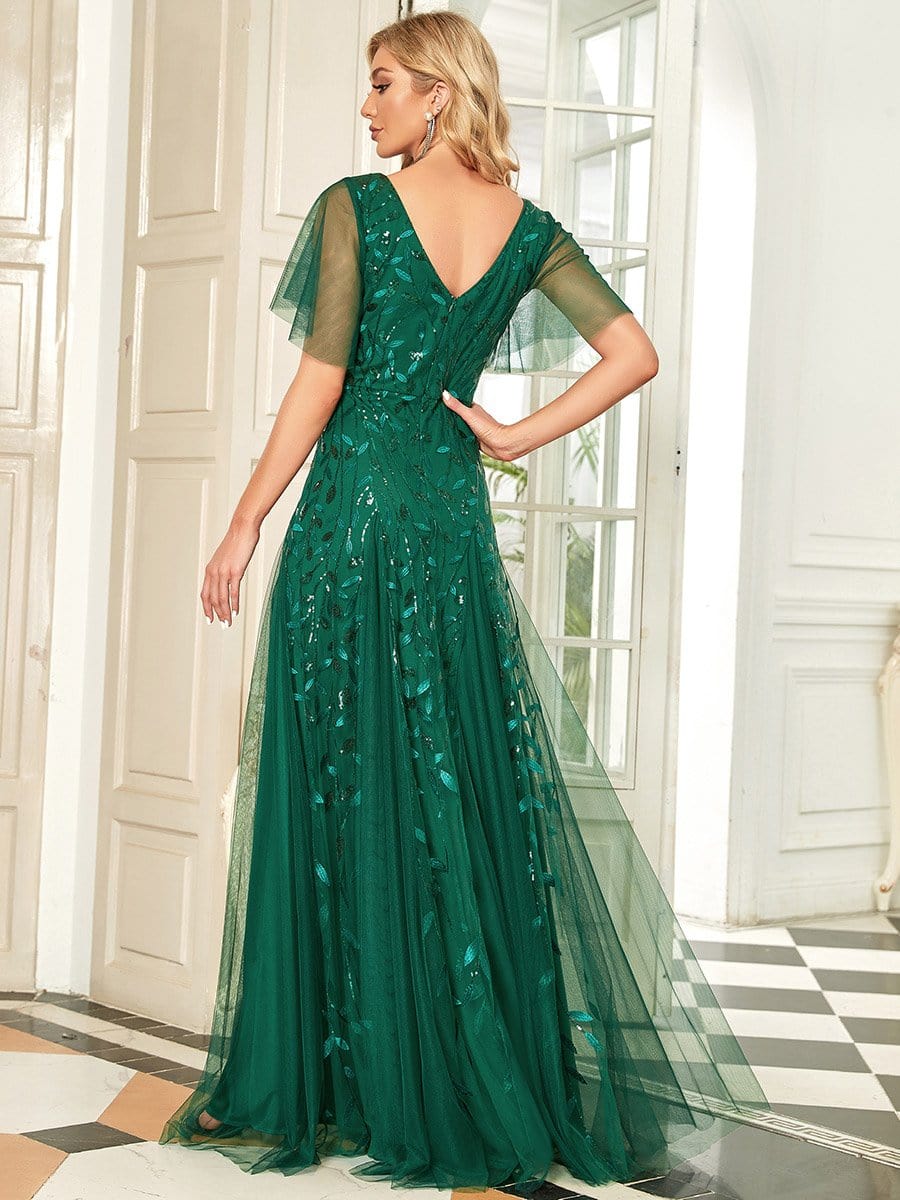 Romantic Shimmery V Neck Ruffle Sleeves Maxi Long Evening Gowns #color_Dark Green