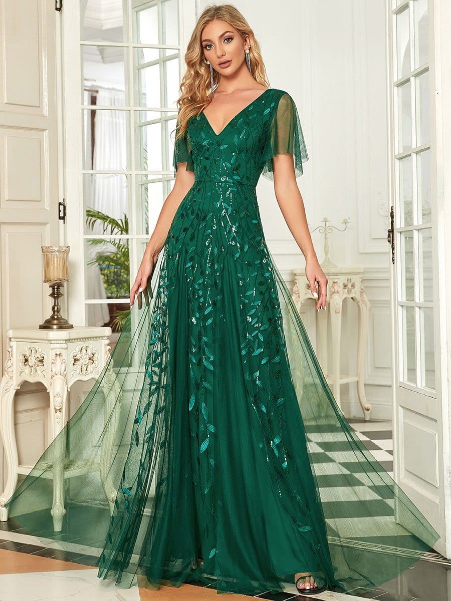 Romantic Shimmery V Neck Ruffle Sleeves Maxi Long Evening Gowns #color_Dark Green