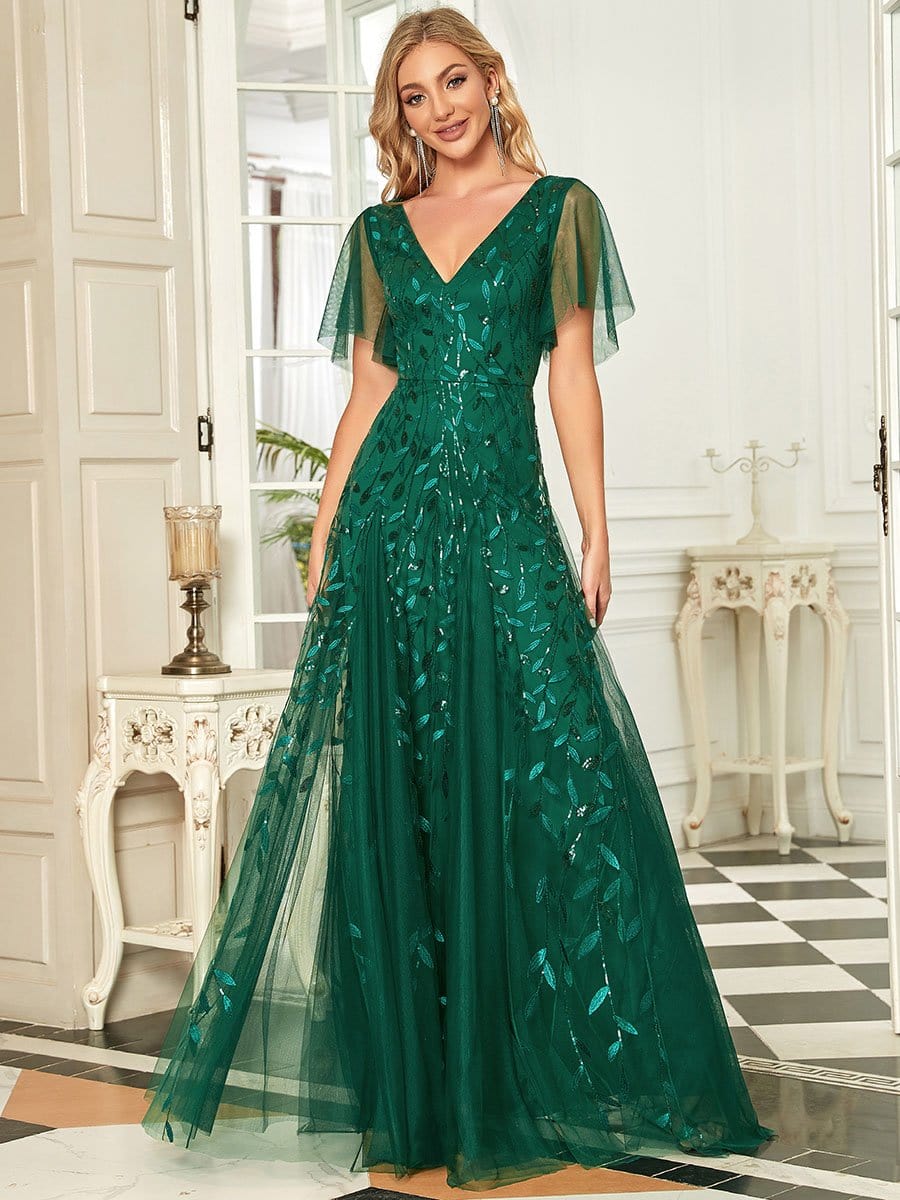 Romantic Shimmery V Neck Ruffle Sleeves Maxi Long Evening Gowns #color_Dark Green