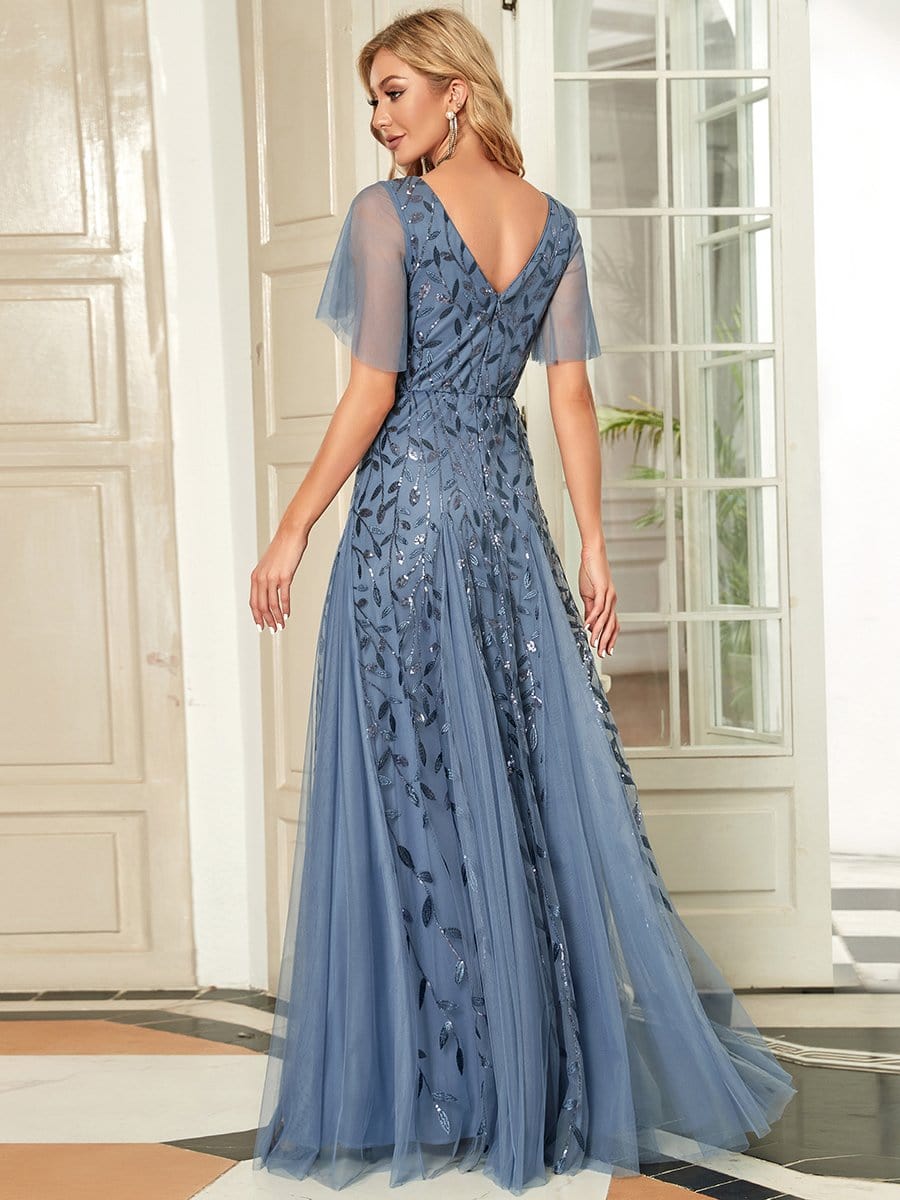 Romantic Shimmery V Neck Ruffle Sleeves Maxi Long Evening Gowns #color_Dusty Blue