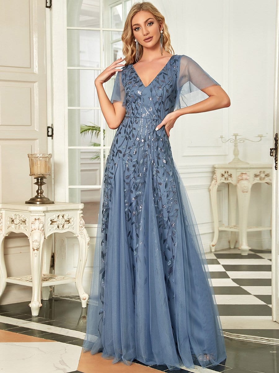 Romantic Shimmery V Neck Ruffle Sleeves Maxi Long Evening Gowns #color_Dusty Blue