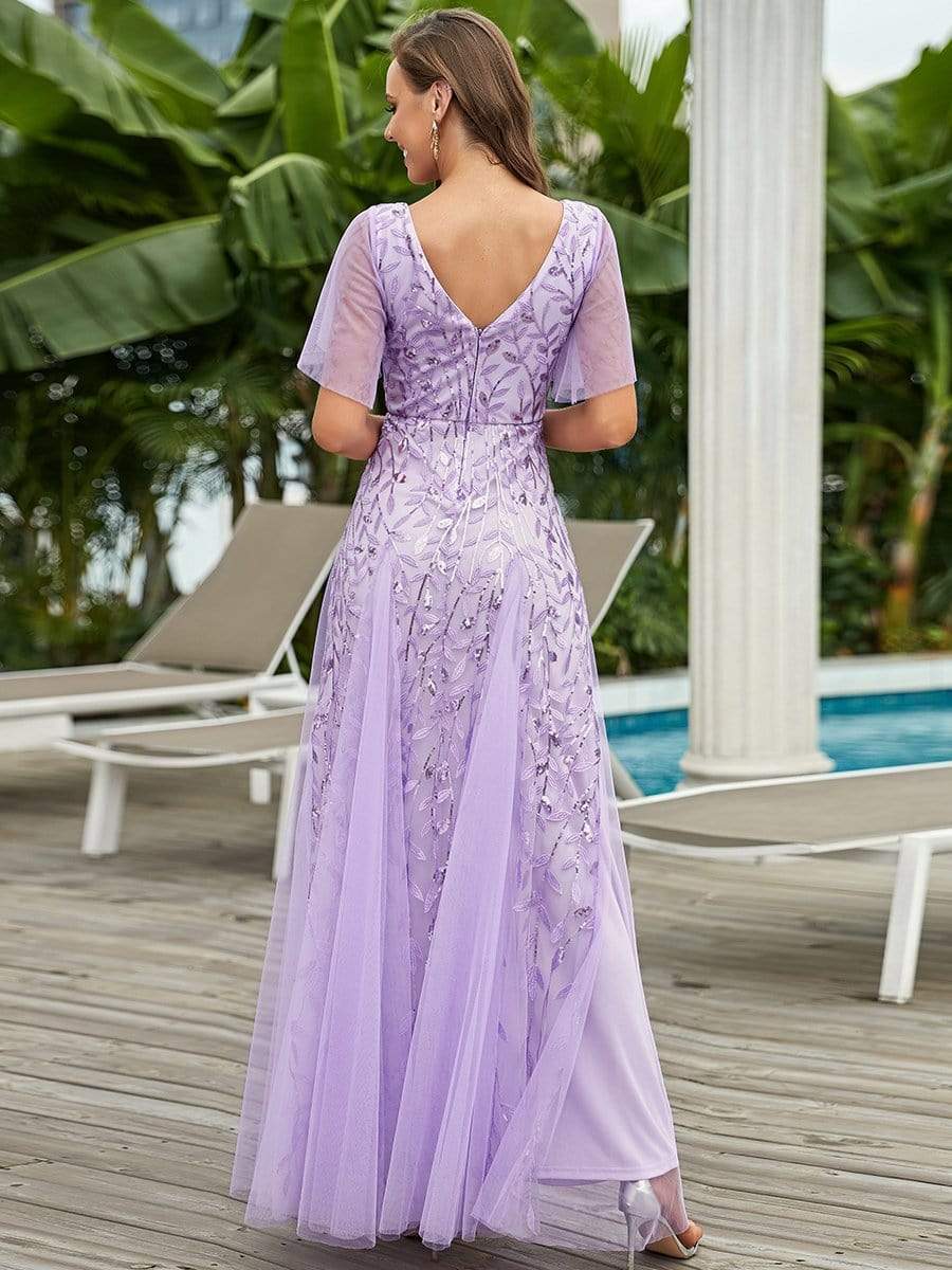 Romantic Shimmery V Neck Ruffle Sleeves Maxi Long Evening Gowns #color_Lavender