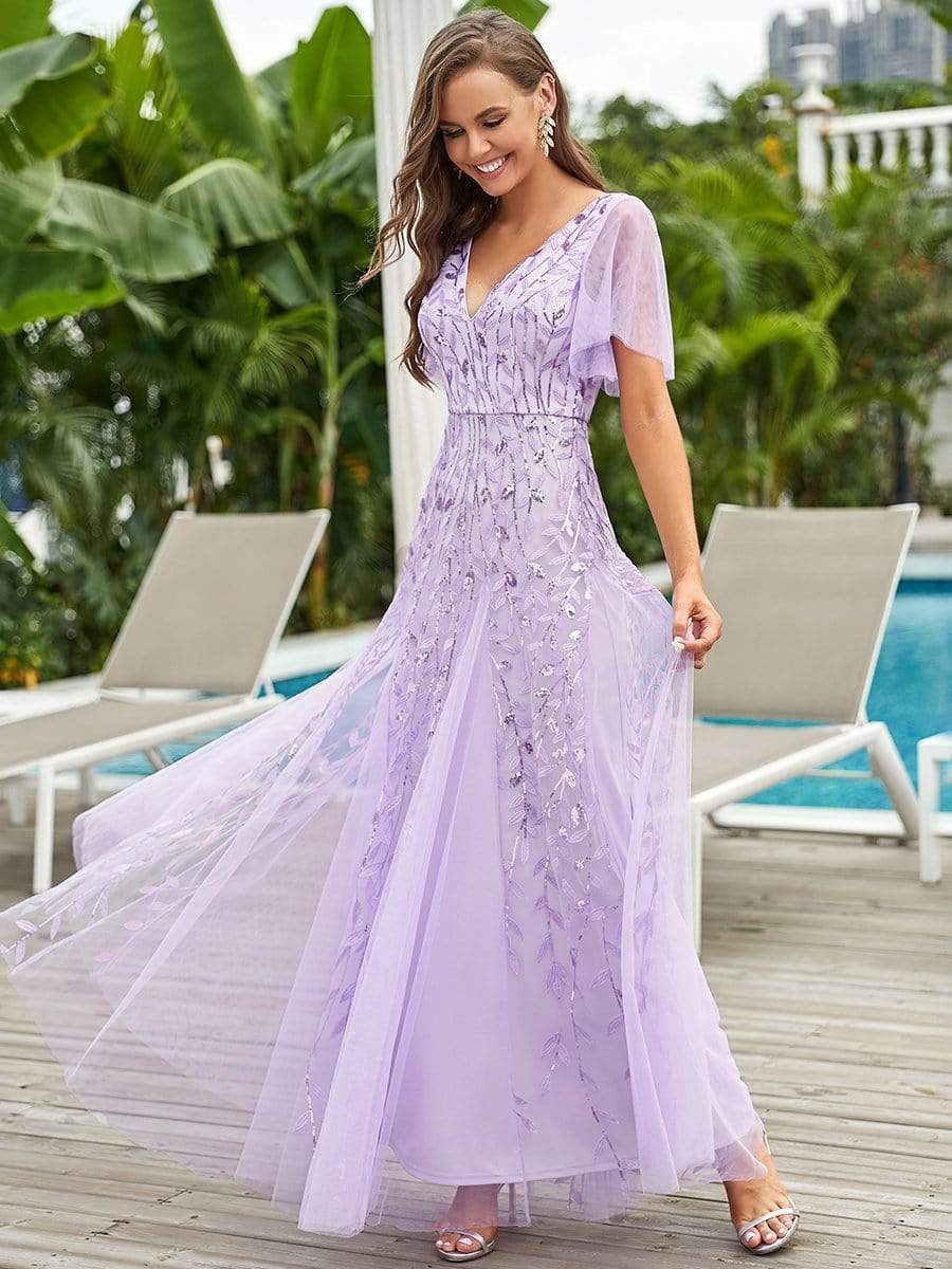 Romantic Shimmery V Neck Ruffle Sleeves Maxi Long Evening Gowns #color_Lavender