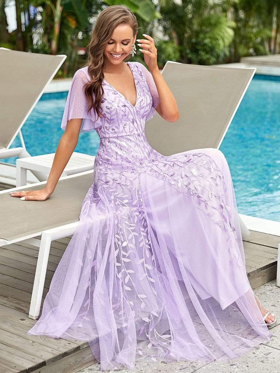 Romantic Shimmery V Neck Ruffle Sleeves Maxi Long Evening Gowns #color_Lavender