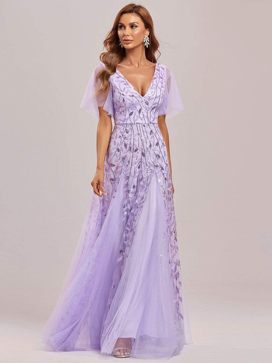 Romantic Shimmery V Neck Ruffle Sleeves Maxi Long Evening Gowns #color_Lavender