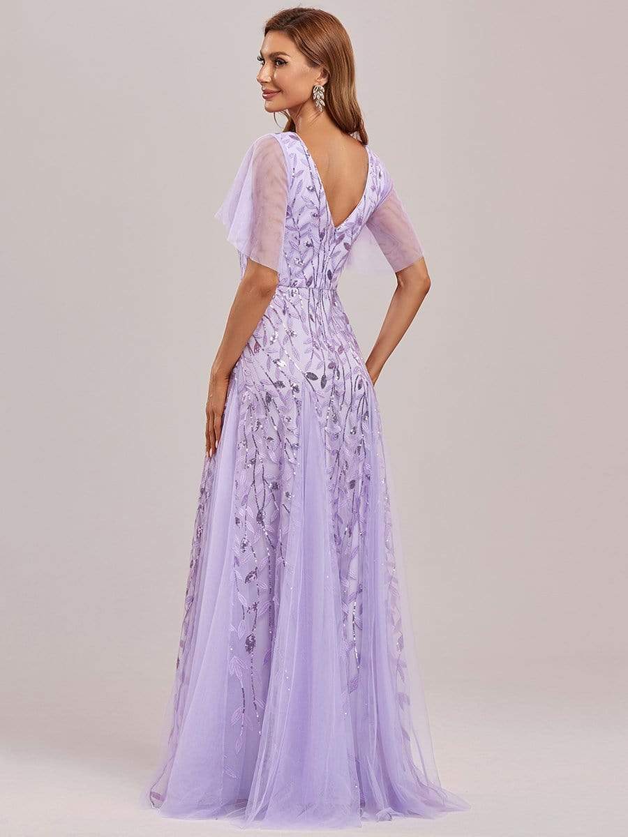 Romantic Shimmery V Neck Ruffle Sleeves Maxi Long Evening Gowns #color_Lavender