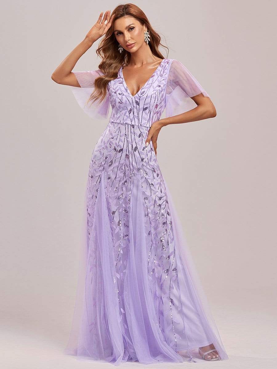 Romantic Shimmery V Neck Ruffle Sleeves Maxi Long Evening Gowns #color_Lavender