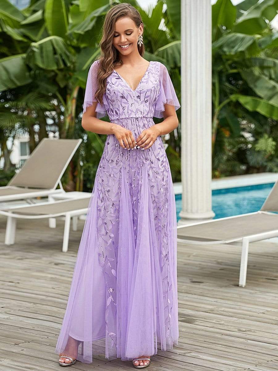 Romantic Shimmery V Neck Ruffle Sleeves Maxi Long Evening Gowns #color_Lavender