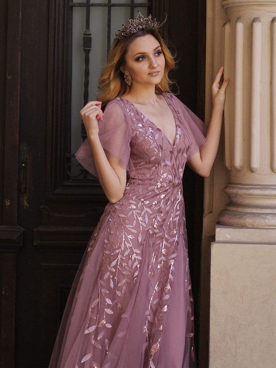 Romantic Shimmery V Neck Ruffle Sleeves Maxi Long Evening Gowns #color_Purple Orchid