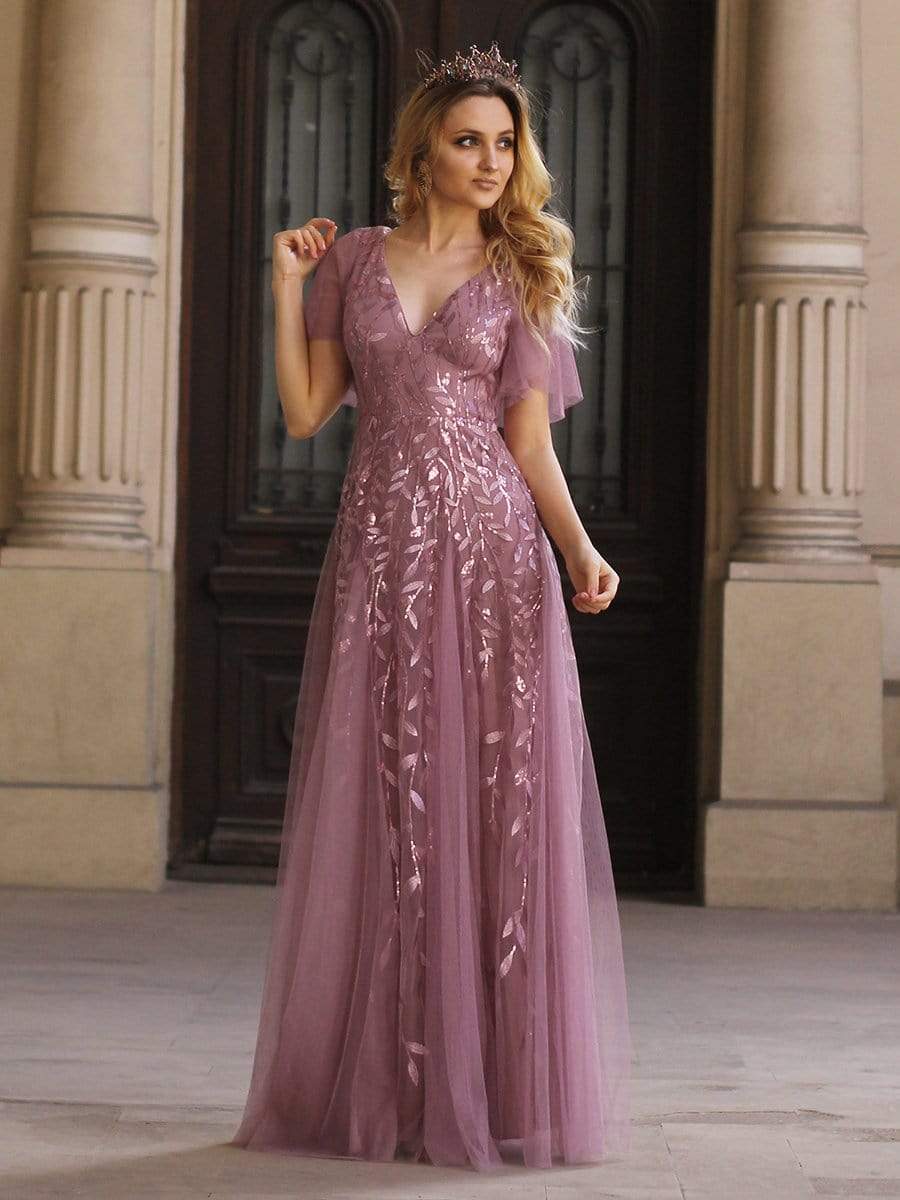 Romantic Shimmery V Neck Ruffle Sleeves Maxi Long Evening Gowns #color_Purple Orchid