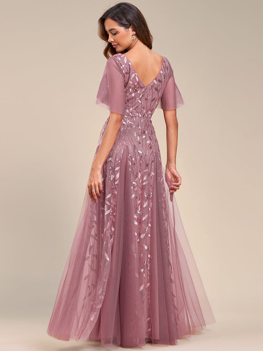 Romantic Shimmery V Neck Ruffle Sleeves Maxi Long Evening Gowns #color_Purple Orchid