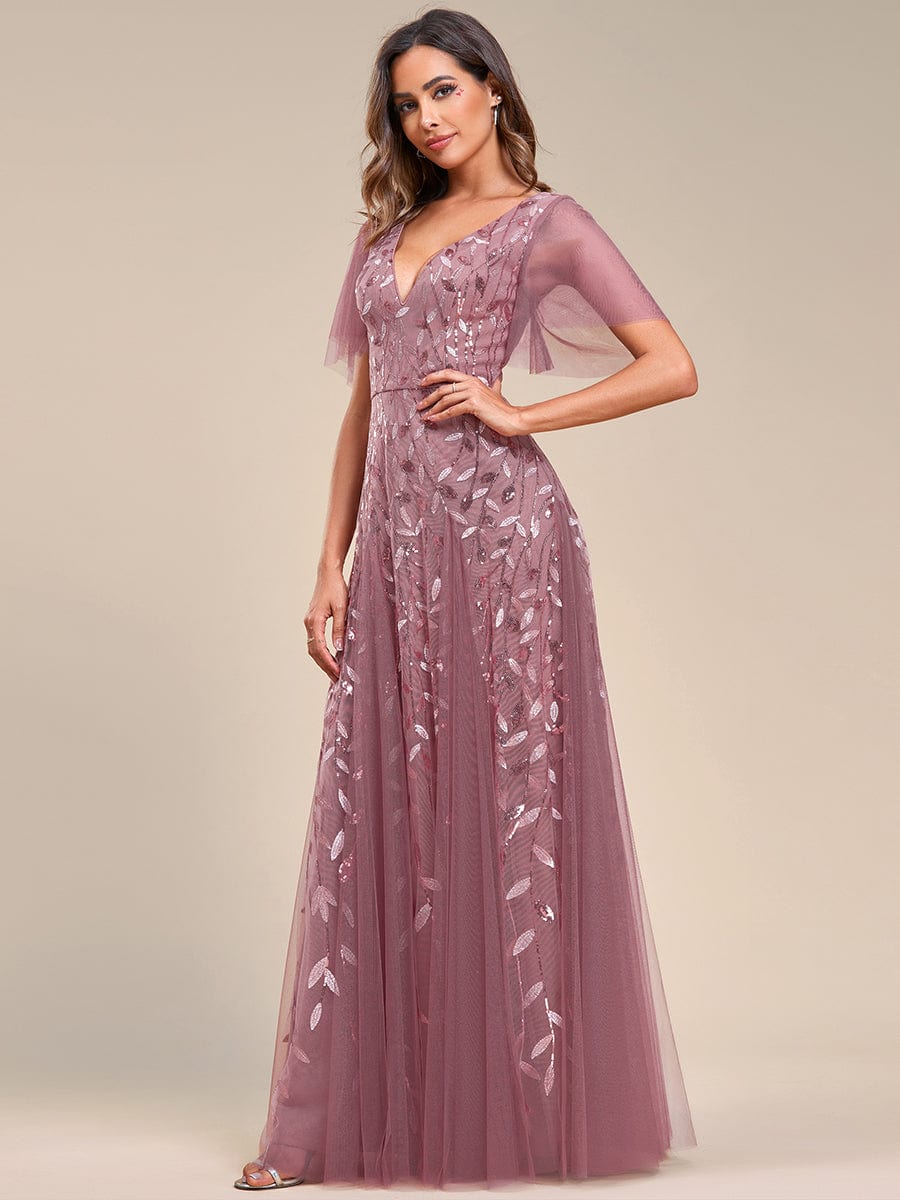 Romantic Shimmery V Neck Ruffle Sleeves Maxi Long Evening Gowns #color_Purple Orchid