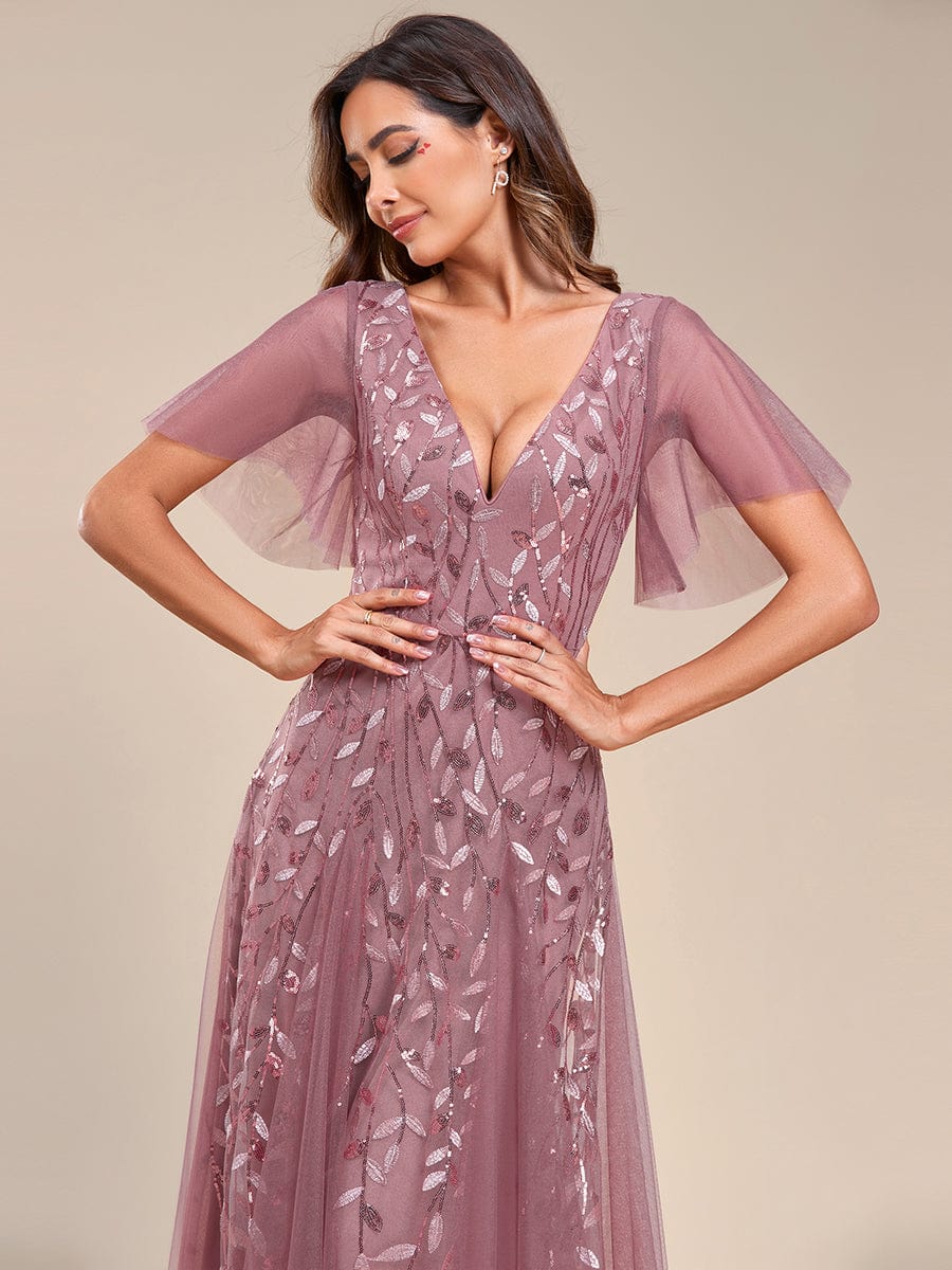 Romantic Shimmery V Neck Ruffle Sleeves Maxi Long Evening Gowns #color_Purple Orchid