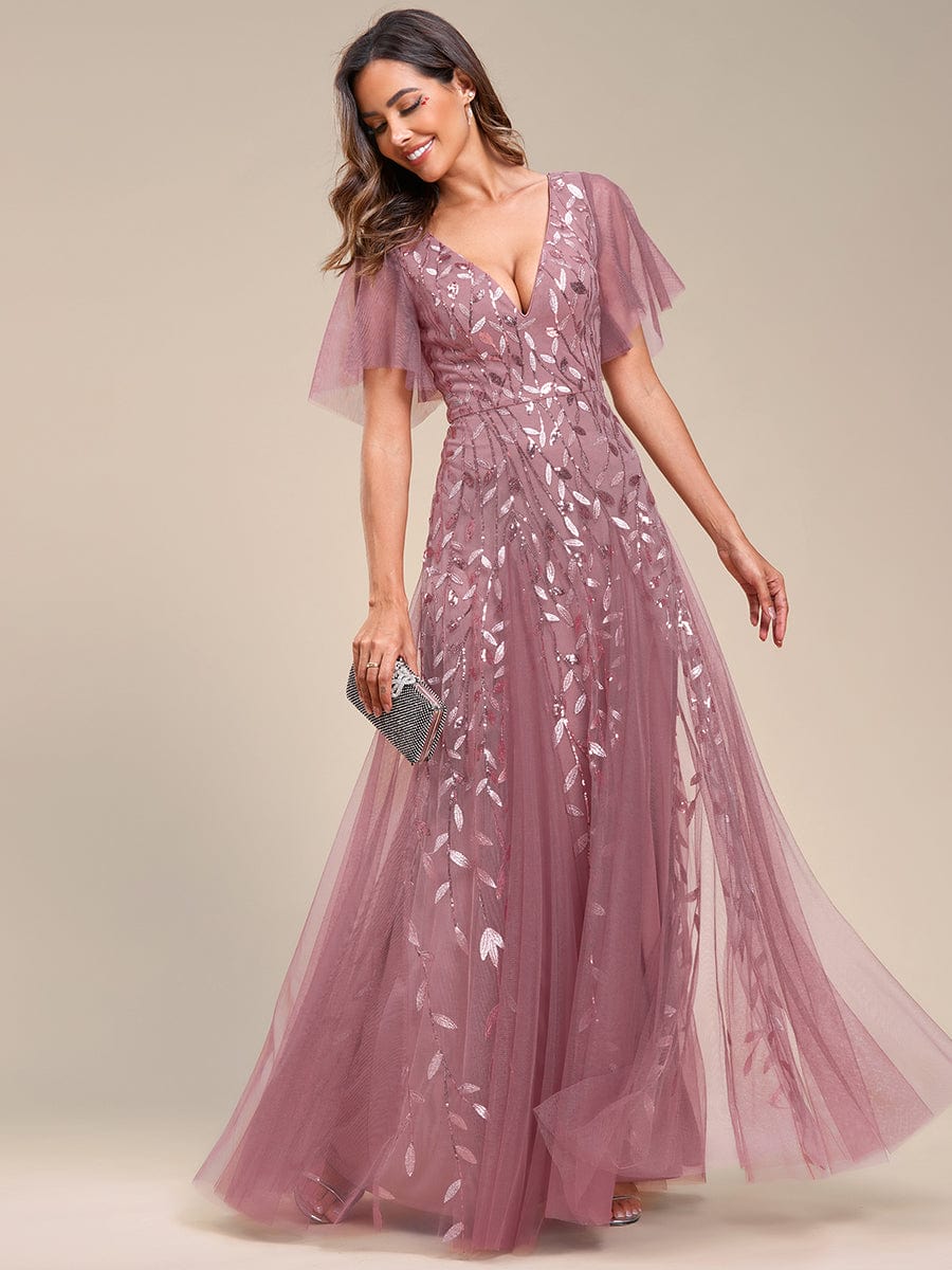 Romantic Shimmery V Neck Ruffle Sleeves Maxi Long Evening Gowns #color_Purple Orchid