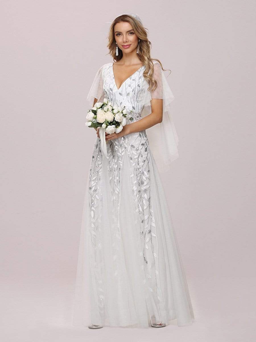 Romantic Shimmery V Neck Ruffle Sleeves Maxi Long Evening Gowns #color_White