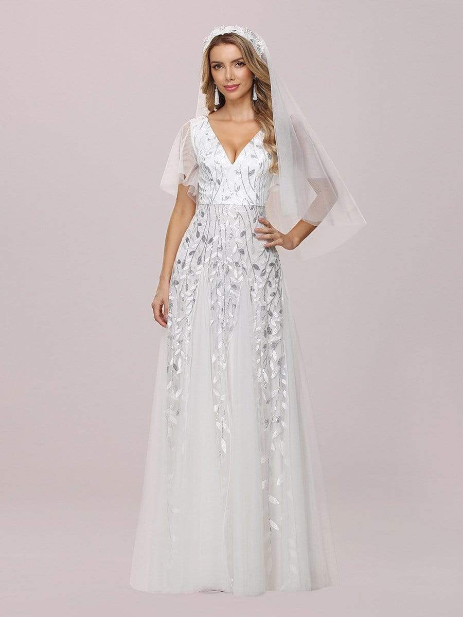 Romantic Shimmery V Neck Ruffle Sleeves Maxi Long Evening Gowns #color_White