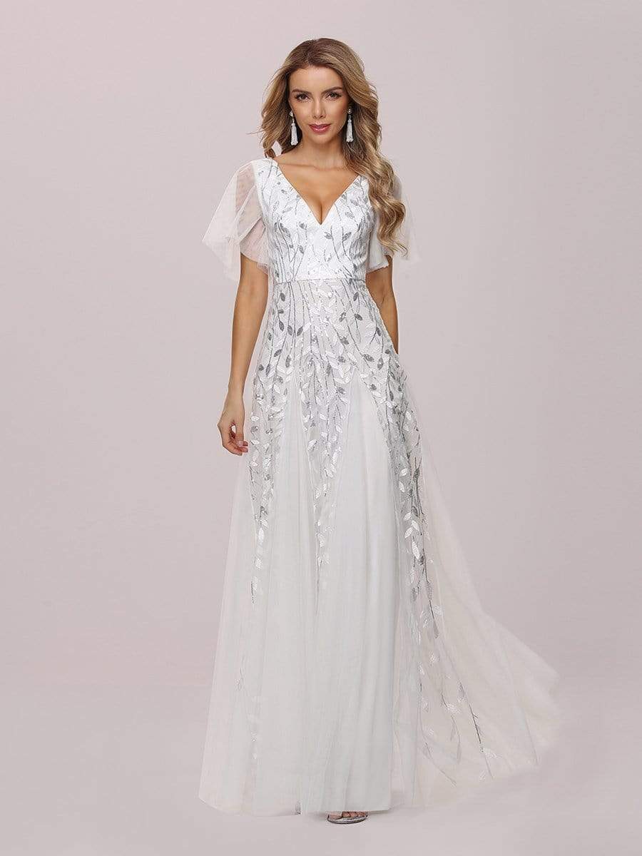 Romantic Shimmery V Neck Ruffle Sleeves Maxi Long Evening Gowns #color_White