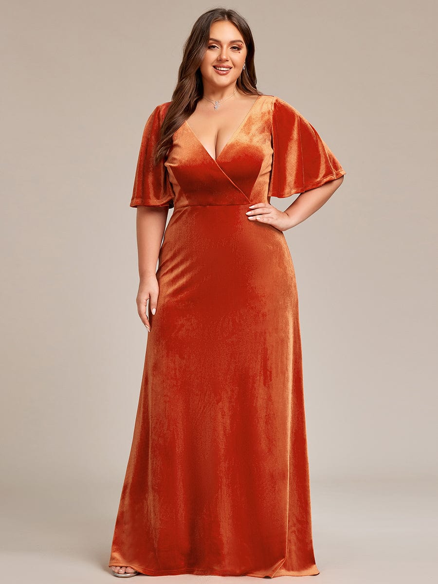 Custom Size Elegant Double V Neck Velvet Bridesmaid Dress #color_Burnt Orange